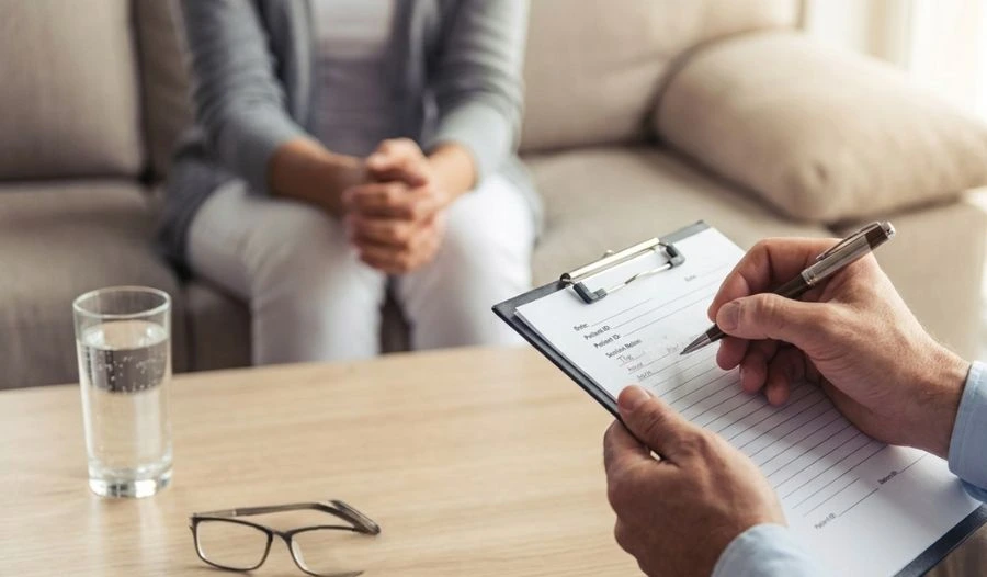 Psychiatric assessment session with patient and doctor