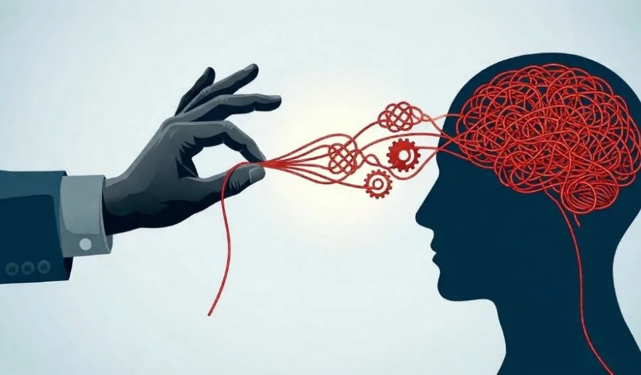 Minimalist illustration of a hand unraveling a tangled red string from a human head profile to represent Cognitive Behavioral Therapy.