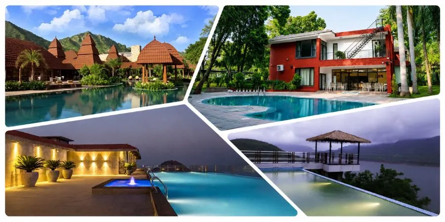 Luxury resort collage with pools and scenic views.