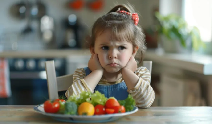 Child refusing a plate of vegetables, showing signs of food aversion and eating disorders in children.