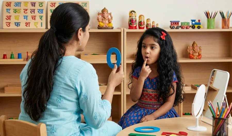 Child receiving speech therapy from a therapist in India.