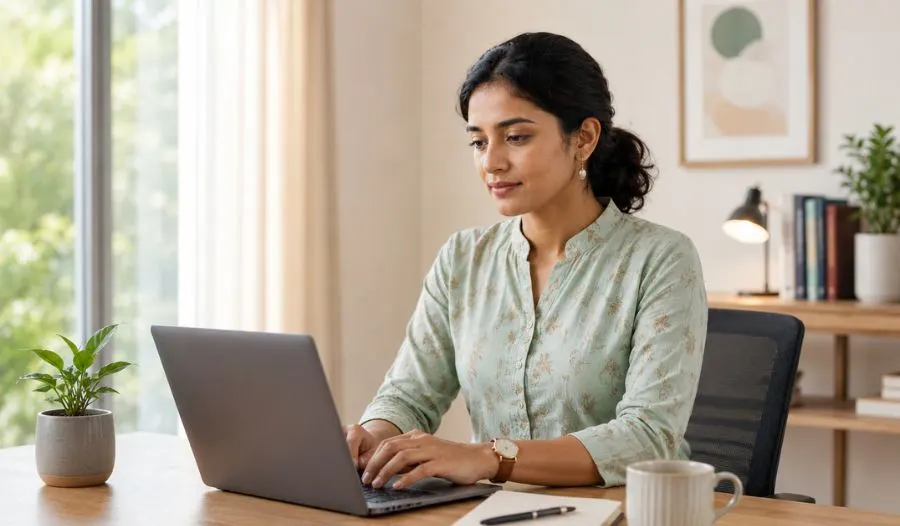 Online mental health treatment session with an Indian woman using a laptop.