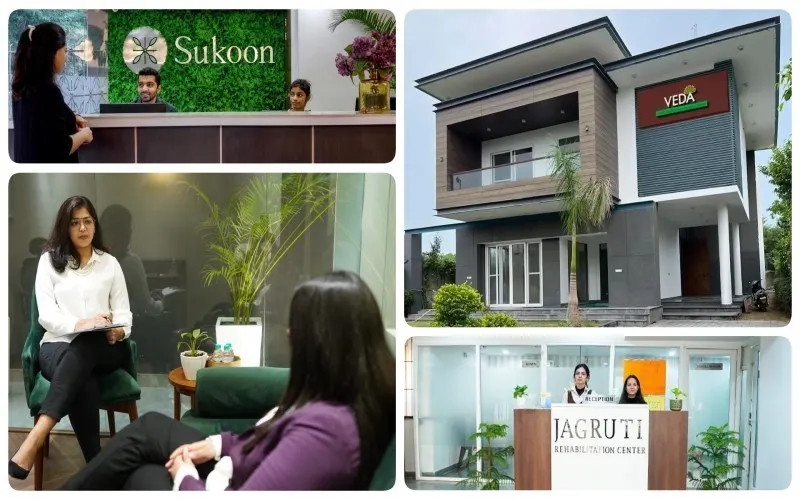 Rehabilitation centres in Delhi with therapy and reception areas.